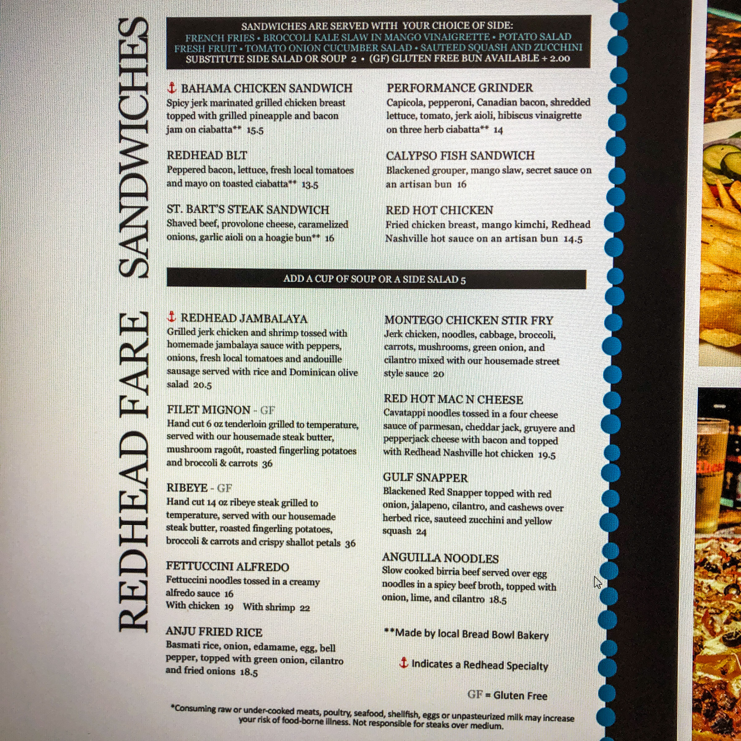 Redhead meals menu